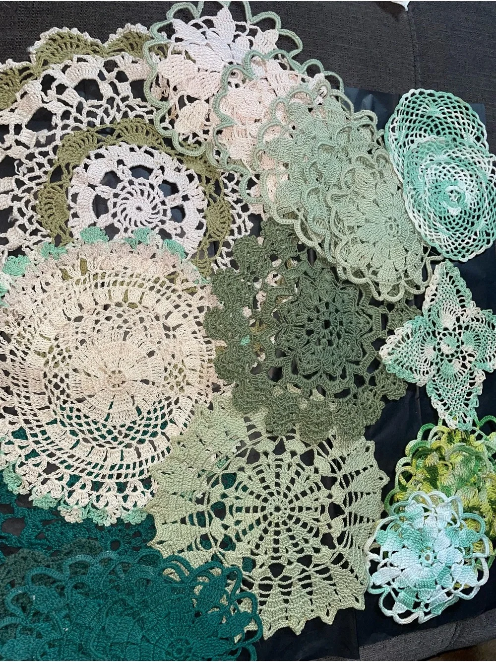 Assorted Crochet Doilies in Greens & Creams